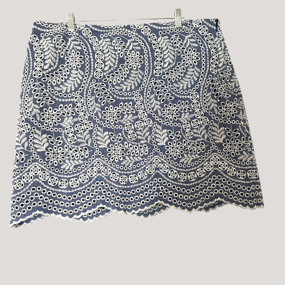 Ann Taylor LOFT Womens Skirt Sz 18 Blue White Eyelet Lace Cotton Lined Feminine